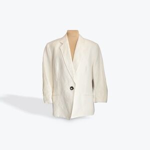 Kasper White Linen Blend Blazer Single Button V Neck 3/4 Sleeve Women's